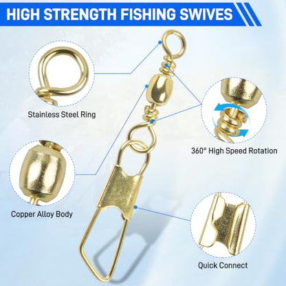 SILANON Fishing Barrel Snap Swivels, 60pcs Barrel Swivels with Safety Snaps Stainless Steel Brass Gold Barrel Swivels Fishing Tackle Solid Ring Lure Leader Line Connectors Saltwater Freshwater - size: 2#-60pcs