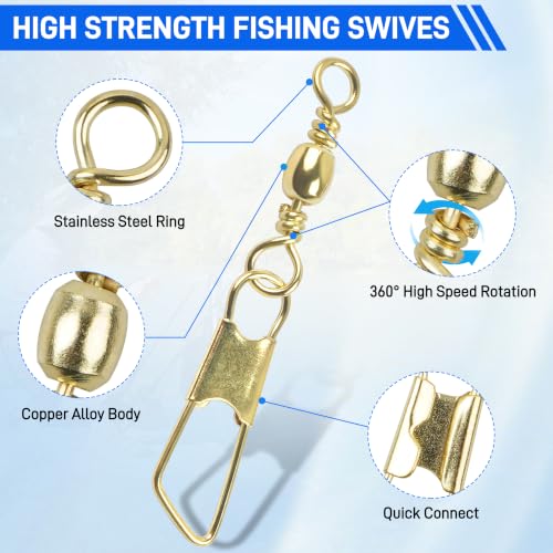 SILANON Fishing Barrel Snap Swivels, 60pcs Barrel Swivels with Safety Snaps Stainless Steel Brass Gold Barrel Swivels Fishing Tackle Solid Ring Lure Leader Line Connectors Saltwater Freshwater - size: 4#-60pcs