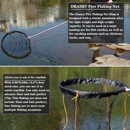 Drasry Large Collapsible Bridge Pier Fishing Net Landing Net with Rod, High Load Aluminum Ring Drop Net for Saltwater and Freshwater Pier Fishing Basket with 49.2 ft. Rope - color: Black, size: 23.6 x 23.6 x 27.5", style: 0.99*0.59 in Mesh