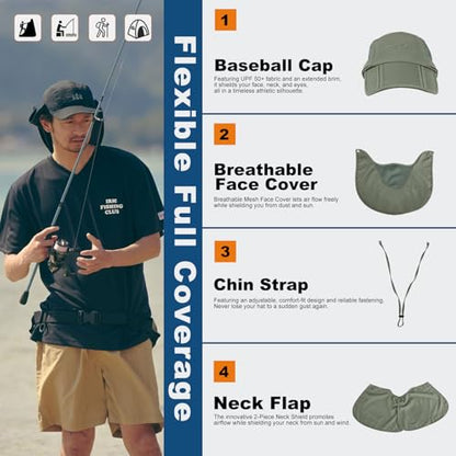 Surblue Neck Face Flap Outdoor Cap UV Protection Sun Hats Fishing Hat Quick-Drying UPF50+ - color: B-army Green, size: Medium