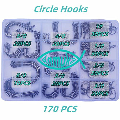 Circle Hooks Fishing Hooks 2X Strong 170PCS/Box|220PCS/Box Octopus Catfish Fish Bulk Fishing Hooks Set Saltwater Freshwater Gear Equipment#1 1/0 2/0 3/0 4/0 5/0 6/0 8/0 10/0 - color: BLACK-170PCS