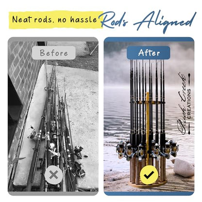 Rush Creek Creations Round 16 Fishing Rod Storage Rack - Features Traditional Handcrafted Wood Post - No Tool Assembly, Wood Grain Laminate - color: Light Wood Grain