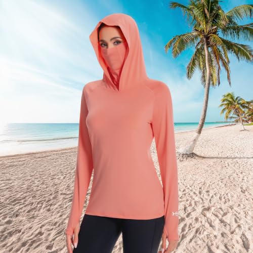 BASSDASH Women’s UPF 50+ Hoodie Shirt with Breathable Face Mask - color: Peach Amber, size: Small