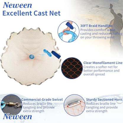 Neween Cast Net, American Saltwater Cast Nets for Fishing, 3ft-10ft Radius Casting Net for Bait Fish, 3/8 Inch Professional Grade Monofilament Throw Nets for Fishing Bait with Heavy Duty Sinker - size: 4 ft Radius, style: Tire Lines Cast Net