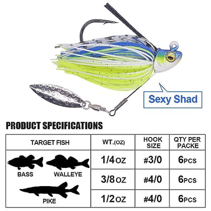 Swim-Jigs-for-Bass-Fishing-Lures Swimbait Underspin Swimming Bass Jigs 1/2 3/8 1/4 oz - color: Sexy Shad 2 Pack, size: 3/8 oz