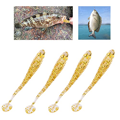 50PCS Fishing Lures Bass Worm Bait, 5cm Soft Plastic Fishing Lures T Tail Grub Worm Baits Fish Tackle Accessory - color: Gold