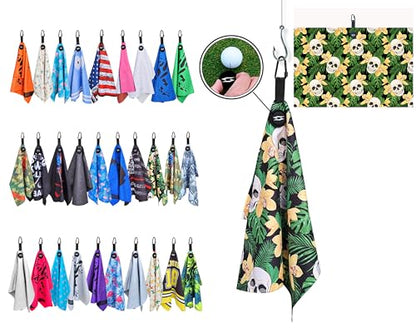 Magnetic Microfiber Waffle Golf Towel – Large 16"x24" Clean Golf Club Ball Magnet Clip to Hang on Bag Cart Strong Premium Strength Ultra Absorbent Gear Tropical Men (Hawaiian Skulls) - color: Hawaian Skulls