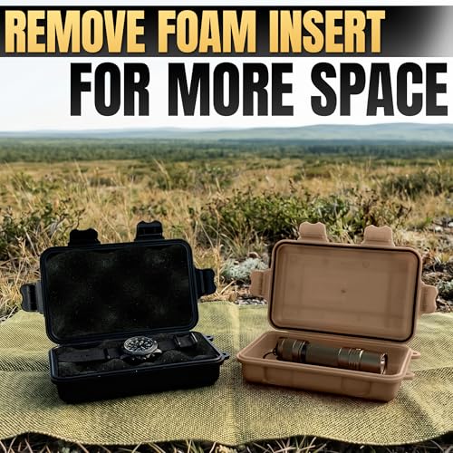 2 Pcs Small Waterproof Box Set, 4.92x2.95x1.53", (Black & Khaki) | Geocache Containers; Durable Plastic Shell, Foam Insert, Tether Loops; for Hiking, Travel, Camping, and Fishing Gear