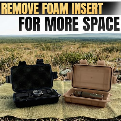 2 Pcs Small Waterproof Box Set, 4.92x2.95x1.53", (Black & Khaki) | Geocache Containers; Durable Plastic Shell, Foam Insert, Tether Loops; for Hiking, Travel, Camping, and Fishing Gear