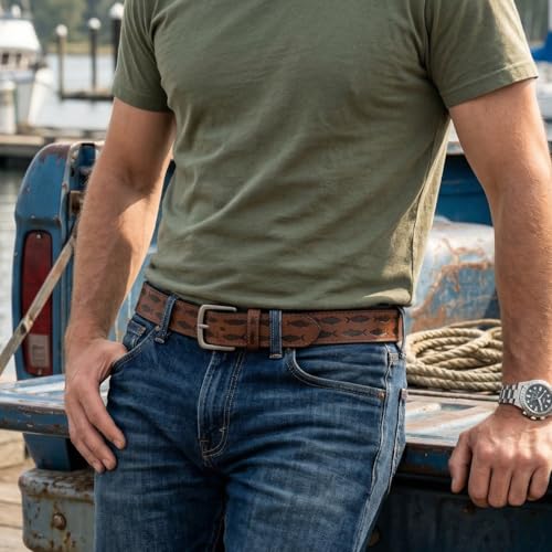 BC Belts Mens Fishing Leather Belt Strap and Metal Buckle 1.5" Wide with Snaps - Ocean Lake River Fishing Angler Bass - size: Small (28-30" Waist)