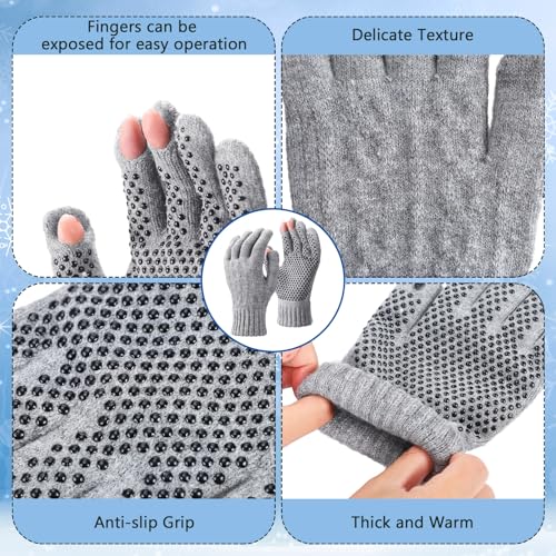 Geyoga 2 Pairs Wool Fingerless Fishing Gloves for Men Women Anti-Slip with Grip Dots Warm Winter Fly Ice Fishing Gloves - color: Black and Gray, style: 3 Cut Fingers