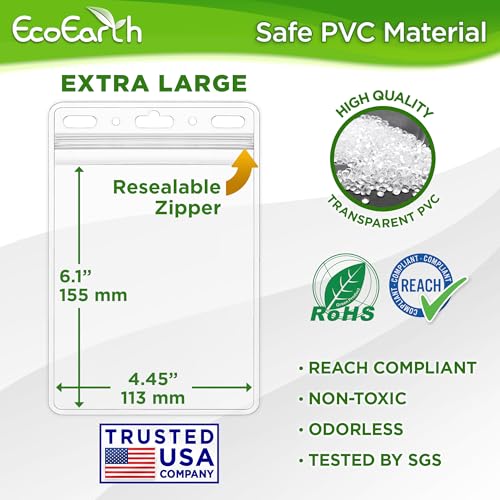 4x6 XXL Passport, ID, Name Card Holders - Vertical, Resealable, 250 PK | EcoEarth clear plastic waterproof passport holder with soft edge and zipper seal, 5 pre-punched holes for all lanyard clips - size: 250 Pack