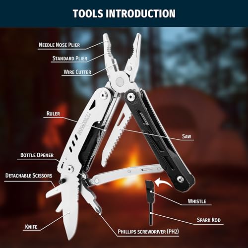 12-in-1 Multitool Pliers with Safety Lock, Fire Starter & Whistle, Stainless Steel Pocket Knife, Camping Multitool with Detachable Scissors for Outdoor Survival, EDC Gear - style: 12 IN 1