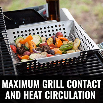 Grillaholics Grill Basket for Outdoor Grill - Durable Premium Stainless Steel Vegetable Grill Basket - XL Family Size BBQ Grill Basket - Perfect Grilling Accessories for Veggies, Fish, Shrimp & Kebabs | Family-Sized | Dishwasher Safe | Stainless Steel | I