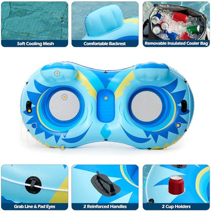 Jasonwell Inflatable River Tube Float - 2 Person Heavy Duty River Float Pool Floats with Removable Cooler Lake Water Tubes for Floating River Raft Lounge Floatie with 2 Cup Holders for Adults (SB) - style: Owl-Blue