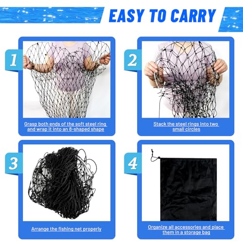 Foldable Bridge and Pier Fishing Net for Pier Fishing High Load Drop Net Fish Basket for Saltwater Freshwater Collapsible Basket with 49.2 FT Rope Soft Steel Hoop - size: 24*36inch