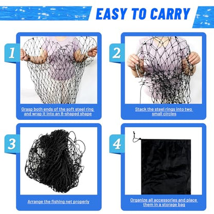 Foldable Bridge and Pier Fishing Net for Pier Fishing High Load Drop Net Fish Basket for Saltwater Freshwater Collapsible Basket with 49.2 FT Rope Soft Steel Hoop - size: 24*36inch