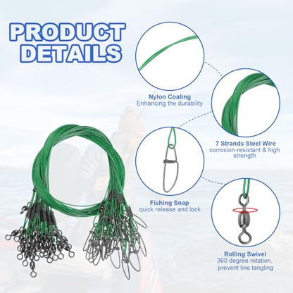 PATIKIL Fishing Wire Leader Line Steel Heavy Saltwater Fishing Leader Line High Strength with Rolling Swivel and Snap - color: Green