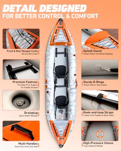 2 Person Inflatable Kayak Tandem Fishing Kayak for Adults, Portable Touring Kayak Canoe with Dual Floats, Drop-Stitch Floor and Fish Measuring Ruler, 12.5 FT - style: Standard