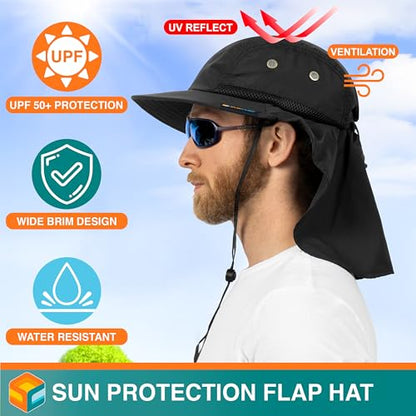 SUN CUBE UPF50+ Sun Hat for Men Women with Neck Flap, Wide Brim UV Protection Fishing Safari Hat for Hiking Beach Gardening - color: Black