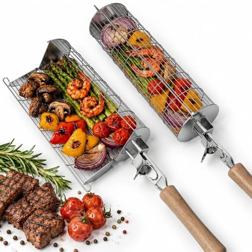 2-Pack Rolling Grill Basket with Easy-Open Latch & Detachable Wooden Handle, 304 Stainless Steel Vegetable Grill Basket Set for Outdoor BBQ Veggies Fish Meat - Gift for Men Dad Husband