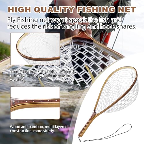 Aventik Fly Fishing Landing Trout Fishing Wooden Net with Magnet Release Soft Rubber Net Bag Catch & Release Great Protection for Fish - style: Standard Handle/Standard Hole Net With Magnet
