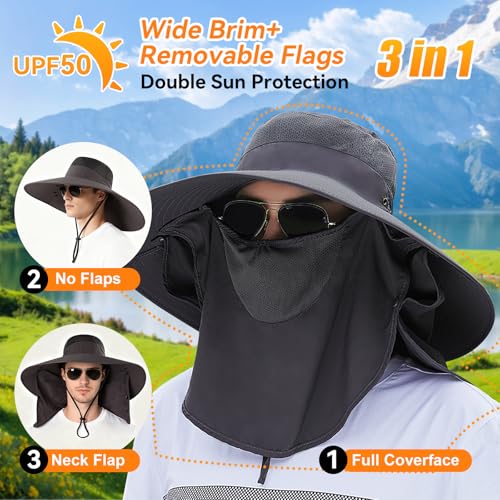Super Wide Brim Fishing Hat UPF 50+ Sun Safari Hat with Removable Neck Face Flap - color: Dark Grey