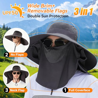 Super Wide Brim Fishing Hat UPF 50+ Sun Safari Hat with Removable Neck Face Flap - color: Dark Grey