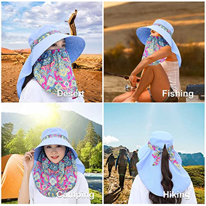 Women Wide Brim Face Mask Sun Hat Detachable Neck Face Flap Ponytail UV Protection Visor Hat Garden Fishing Hiking - color: M9099-tianlan