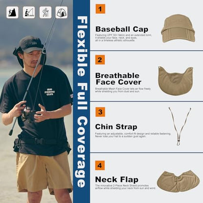 Surblue Neck Face Flap Outdoor Cap UV Protection Sun Hats Fishing Hat Quick-Drying UPF50+ - color: Khaki, size: Medium