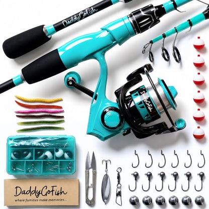 DaddyGoFish Spinning Fishing Rod and Reel Combo Set with Tackle Box | Kids Fishing Pole | Carbon Fiber Telescopic Fishing Rod Kit | Spinning Reel for Travel Saltwater Freshwater Fishing Gear Kit - color: Mint
