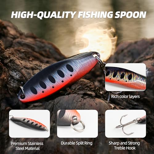 Jigging Spoon Fishing Lures, Slant Cut Metal Spoon with Glow, High Flash, Sharp Treble Hooks, Precision Wobble for Bass, Trout, Pike & Walleye - color: New10PCS, size: 1/4oz