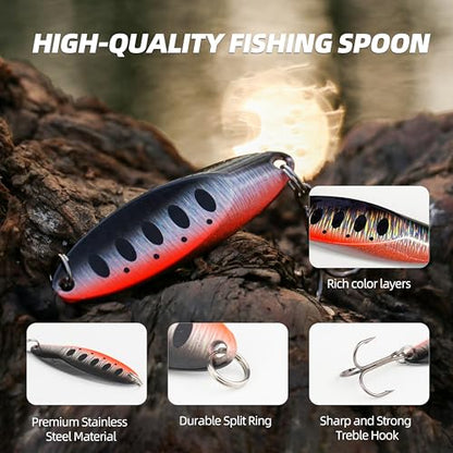 Jigging Spoon Fishing Lures, Slant Cut Metal Spoon with Glow, High Flash, Sharp Treble Hooks, Precision Wobble for Bass, Trout, Pike & Walleye - color: New10PCS, size: 1/4oz