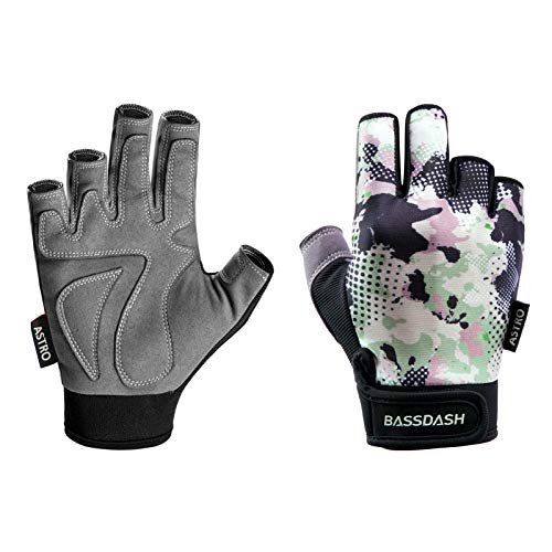 BASSDASH Astro Fishing Gloves Men’s Women’s Fingerless Gloves for Game Fishing Kayaking Paddling Sailing MTB - color: Black Spot Camo, size: Large