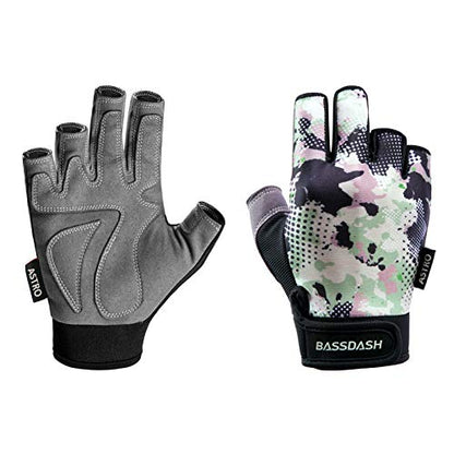 BASSDASH Astro Fishing Gloves Men’s Women’s Fingerless Gloves for Game Fishing Kayaking Paddling Sailing MTB - color: Black Spot Camo, size: Medium