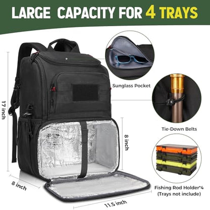 MATEIN Fishing Backpack Tackle Box, Tackle Backpack with Cooler for Men | Tackle Box Backpack, Fishing Bag with Rod Holders, Hold 4 3600 Tackle Boxes, Water Resistant, Gear Accessories, Fishing Gifts - color: Black
