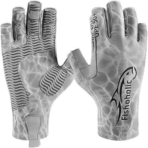 Fishoholic UPF50+ Fingerless Fishing Gloves - Sticky Grip Sun Protection Glove - Kayaking Paddling or Rowing - color: Grey H2O Camo, size: XX-Small-X-Small
