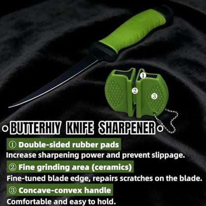 Pro Fishing Gear Fishing Tool Set, Fishing Pliers with Lanyard, Fish Lip Gripper, Fillet Knife, Fishing Braid Scissors, Nylon Sheath, Retractable Tool Tether, Sharpener, Fishing Gifts for Men - color: Green+Black