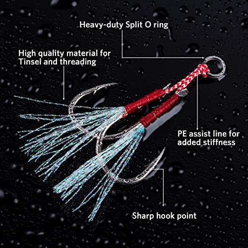 Goture Double Fishing Assist Hooks Kit Jig Assist Glow Hook Slow Fast Fall Jigs Fishing Hook for Lead Vertical Jigging Lures Pack of 5 - color: Red, size: #3/0 (20pcs)
