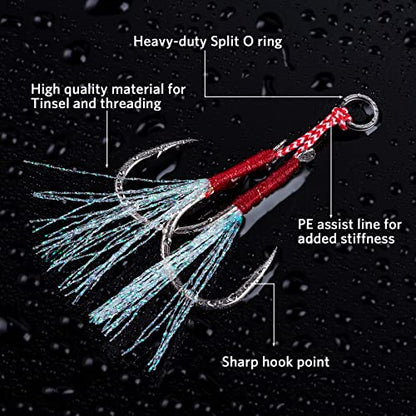 Goture Double Fishing Assist Hooks Kit Jig Assist Glow Hook Slow Fast Fall Jigs Fishing Hook for Lead Vertical Jigging Lures Pack of 5 - color: Red, size: #4/0 (20pcs)