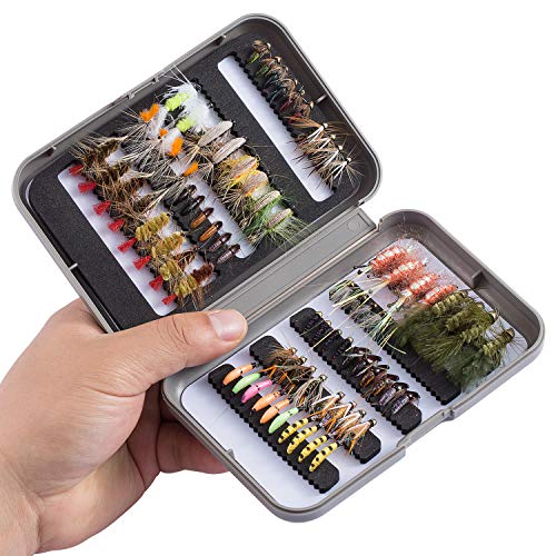 BASSDASH Fly Fishing Flies Kit Fly Assortment Trout Bass Fishing with Fly Box with Dry/Wet Flies, Nymphs, Streamers, Popper - style: 76 Pcs Assorted Trout Flies Kit
