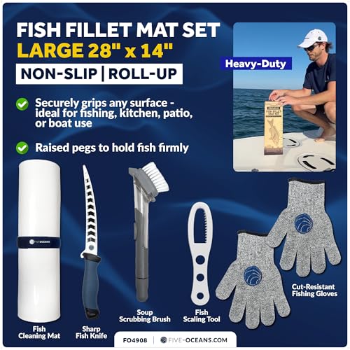 Five Oceans Fish Fillet Mat Kit 28" x 14", Complete Fishing Fish Cleaning Set with Non-Slip Fillet Mat, 24" Integrated Ruler, Fillet Knife, Cut-Resistant Gloves & Cleaning Brush, Easy-Clean - FO4908 - color: Fish Fillet Mat Kit
