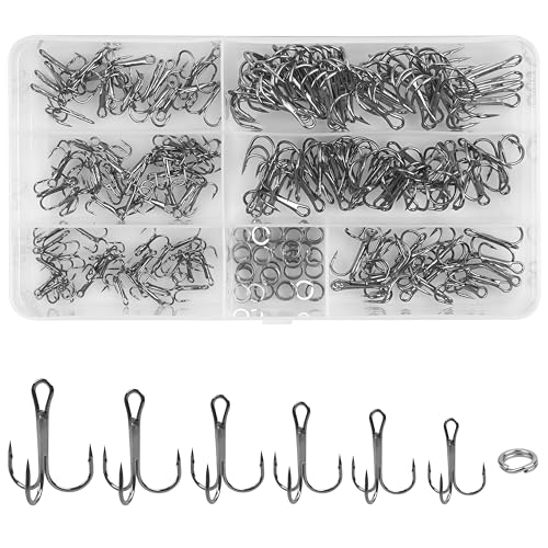 Fishing Treble Hooks Kit,190pcs High Carbon Steel Strong Sharp Treble Hooks Round Bend with Split Rings Triple Hook for Lures Baits Saltwater Freshwater Fishing Gear - color: Black Mixed