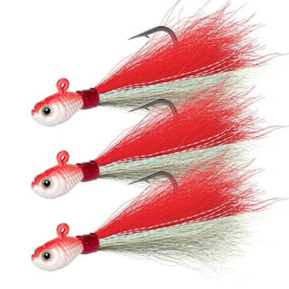 Dr.Fish 3 Pack Bucktail Jig Lure Hair Jig Saltwater Freshwater Lures Surf Fishing Bass Flounder Striper Bluefish Halibut Redfish - color: Red & White(pack of 3), size: 1/2 oz
