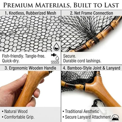 Floating Handcrafted Bamboo Fly Fishing Landing Net, Solid Wood Handle, Soft Rubber Coated Mesh for Trout, Kayak & Stream Fishing, Includes Magnetic Release & Safety Lanyard - size: Large, style: Straight Handlebar