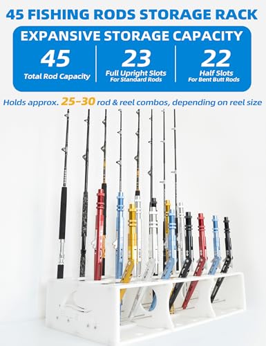 BLUEWING 45 Fishing Rods Storage Rack Trolling Aluminum Bent Butt Rod Rack Rods Holder Mounted Pole Organizer Large Capacity for Rods and Reel Combos - color: White