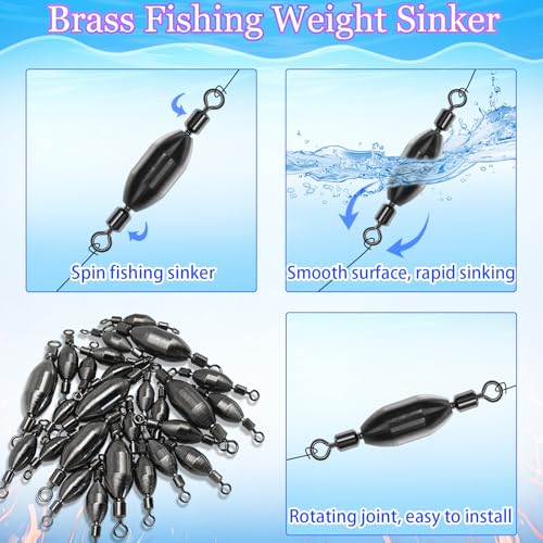 20Pcs Fishing Weights Swivel Brass Sinkers Fishing Weights | Saltwater Freshwater Bullet Sinkers Fishing Weight with Swivel Rolling - size: 3/8oz-20pcs
