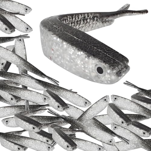30 Pcs Plastic Soft Fishing Lures Silver Lifelike Forked Tail Minnow Crappie Fishing Swim Baits Tackle Lure for Saltwater Freshwater Bass Walleye Trout Chub Rockfish
