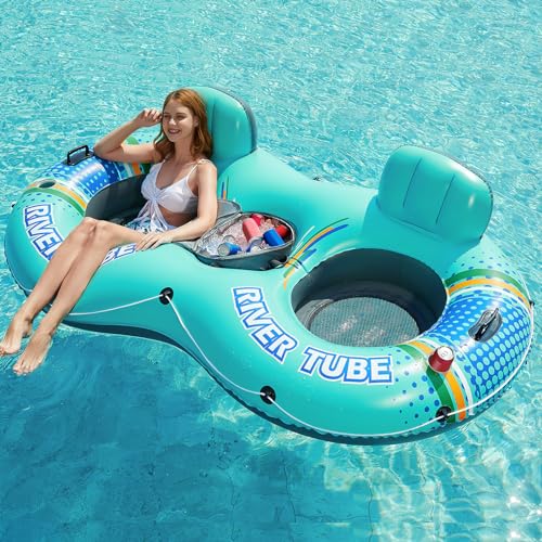 Jasonwell Heavy Duty 2 Person Inflatable River/Pool Tube Float with Removable Cooler, Tubes for Lake, Floating River Raft Lounge Floatie with 2 cup Holders For Adults, Cyan - style: DoubleTube-Cyan