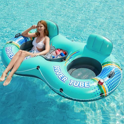 Jasonwell Heavy Duty 2 Person Inflatable River/Pool Tube Float with Removable Cooler, Tubes for Lake, Floating River Raft Lounge Floatie with 2 cup Holders For Adults, Cyan - style: DoubleTube-Cyan